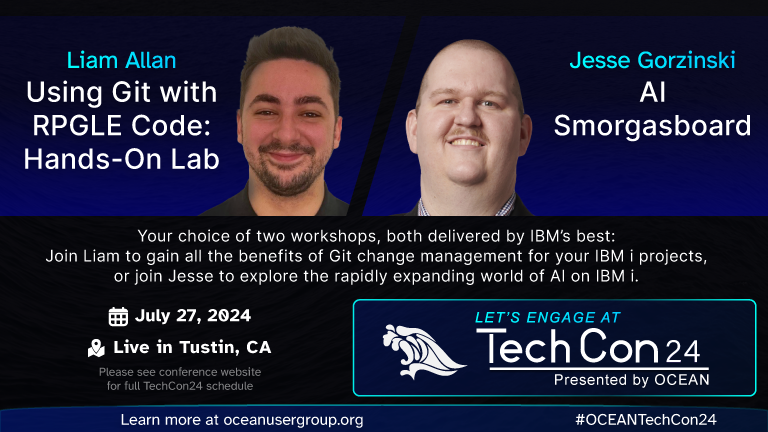 OCEANUserGroup's tweet image. We&apos;re capping off #TechCon24 with 2 great Saturday morning #IBMi options! #AI Smorgasbord with Jesse Gorzinski @OSSJesseG &amp;amp; Using #Git with #RPGLE, a Hands-on Lab with Liam Allan @notesofbarry! Get all the details &amp;amp; register here: oceanusergroup.org/techcon24