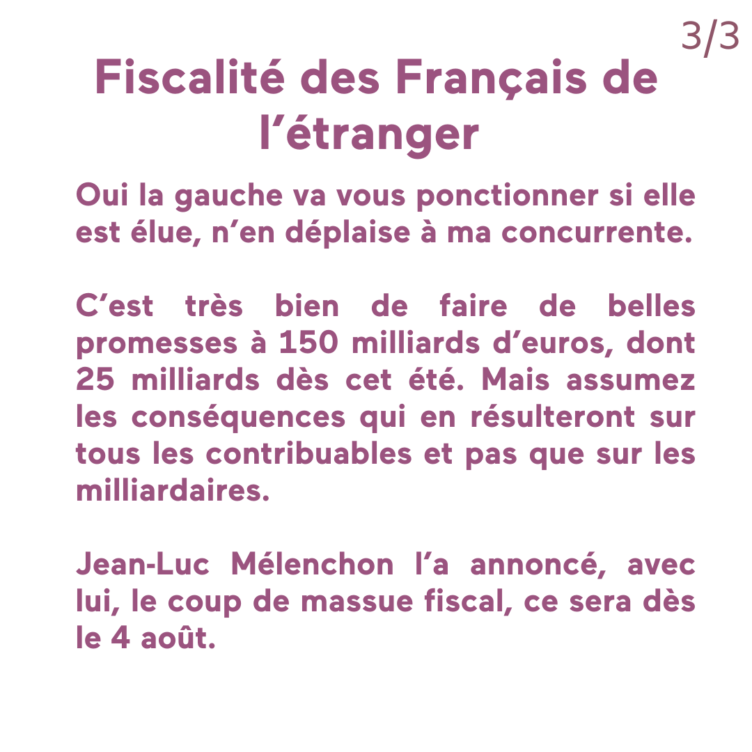 #legislatives2024 
#Fiscalité 
Avec le nouveau front populaire et son programme ruineux, il va bien falloir que quelqu'un paye. Les Français de l'étranger sont toujours les premiers ciblés par la gauche. Difficile d'oublier la CSG-CRDS sur les revenus du capital introduite par M.