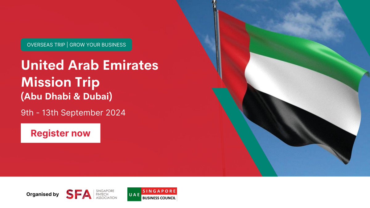 Exciting News! We’re collaborating with @SFA Singapore to bring fintechs to the UAE, a global fintech hub with unique growth potential, substantial capital access, and a dynamic innovation ecosystem!
📅 Dates: 9thto 13th Sep, 2024
🌐 Register here (form.jotform.com/241561817508459)