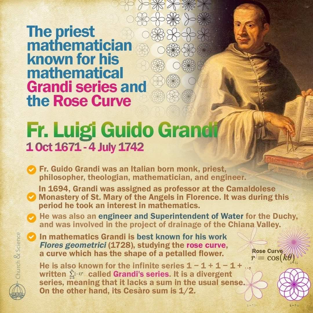 The Italian 🇮🇹 #priest #mathematician known for his mathematical Grandi series and the Rose Curve - Fr. Luigi Guido Grandi(1 Oct 1671-4 July 1742). Grandi is best known for his work Flores geometrici (1728),studying the rose curve,a curve which has the shape of a petalled flower.