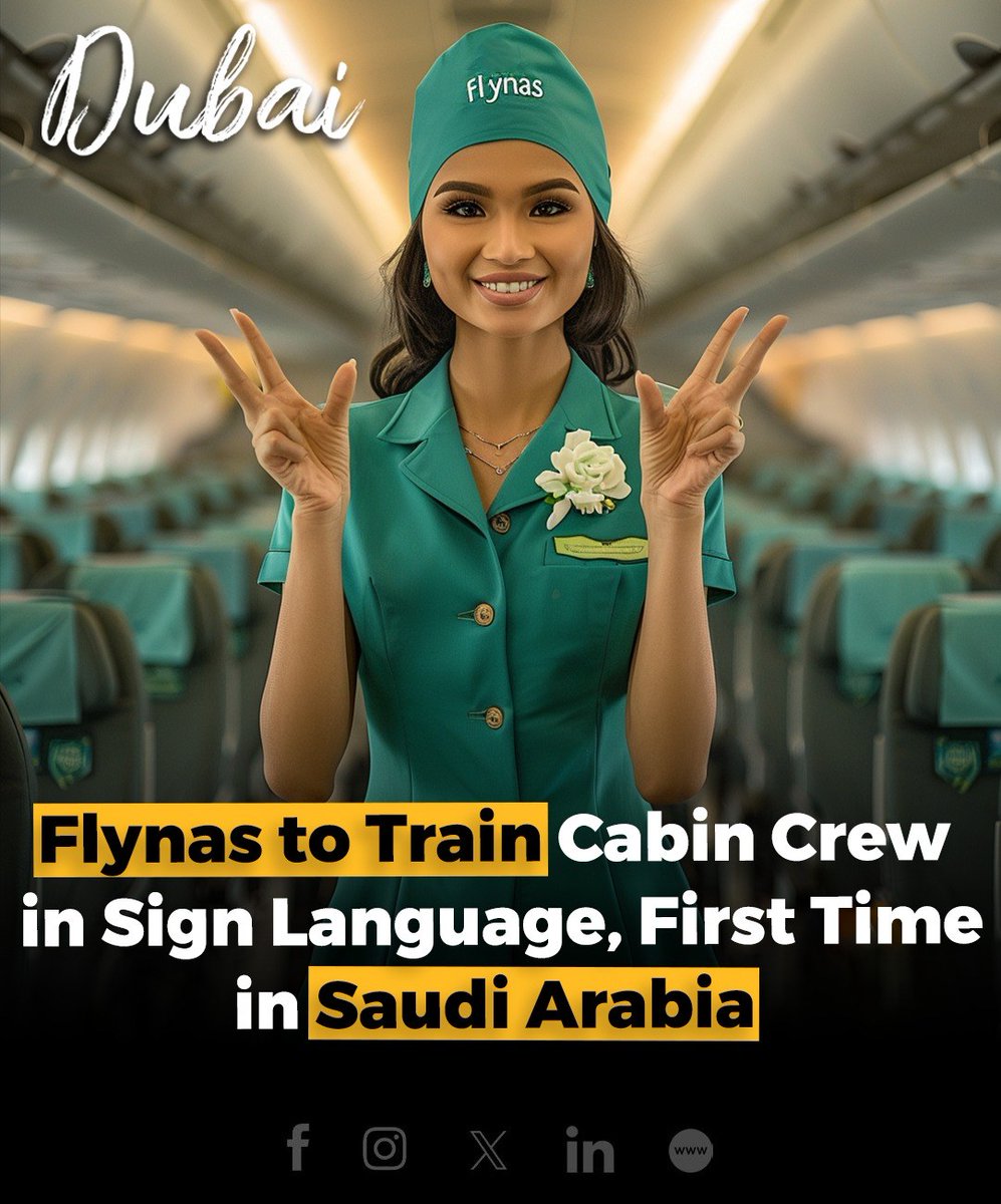 RealStartupDXB's tweet photo. The Saudi airline flynas has launched a pioneering program to train cabin crew in sign language, in collaboration with the Saudi Association for Hearing Impairment.
#flynas #SaudiAirline #Inclusion #SignLanguage #SustainableInitiatives https://t.co/BQFsyL3GLG