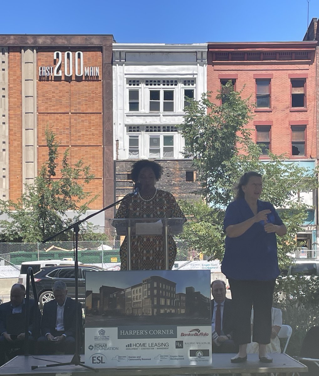 NYSDOS's tweet photo. The Downtown Revitalization Initiative is breathing new life into abandoned, historic buildings! #TeamDOS Diversity, Equity &amp; Inclusion Officer Nicole-Jean Christian attended the renaming ceremony of Harper’s Corner (after Martha Matilda Harper)— a mixed-use project in Rochester! https://t.co/Rz4HP6OE0C