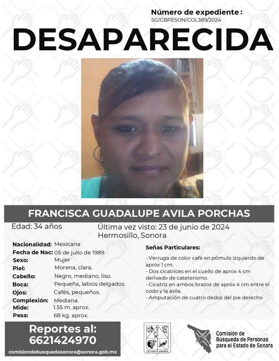 elalbertomedina's tweet photo. @OscarOrtizCTMS Esta es la ficha de búsqueda de Francisca Guadalupe Ávila Porchas, desaparecida el 23 de junio en #Hermosillo. https://t.co/bdroszQJXI