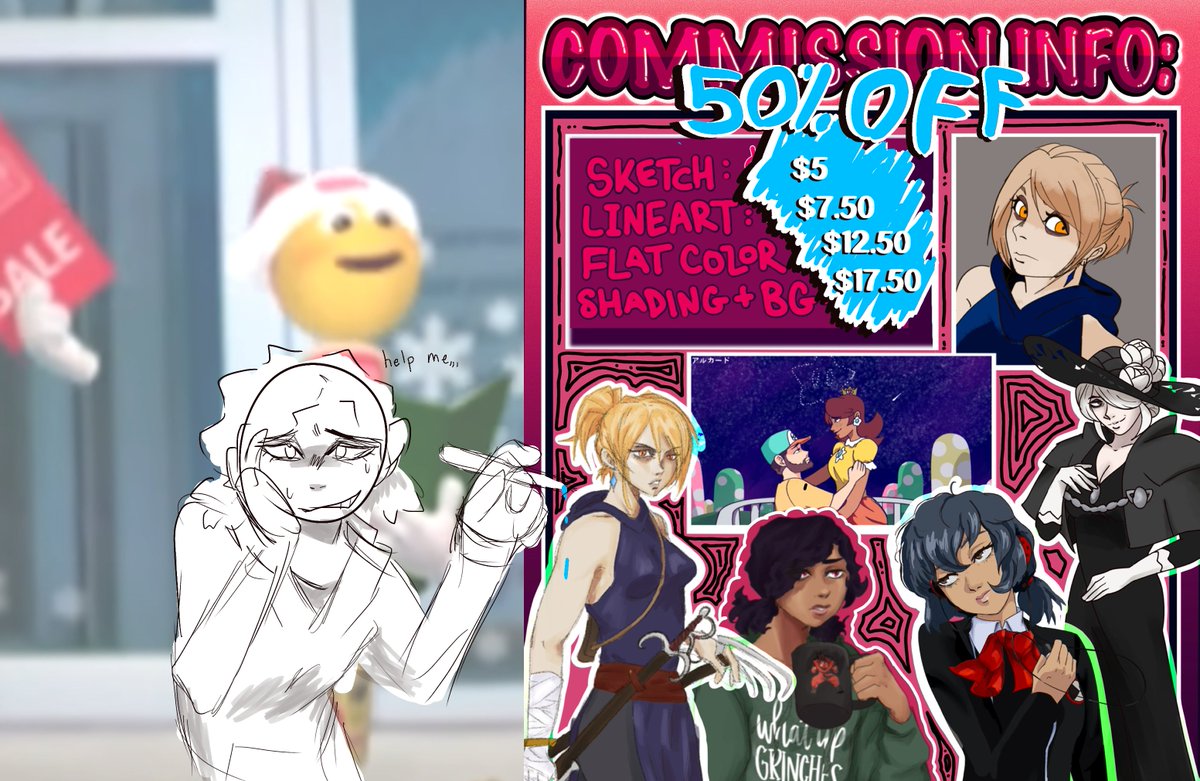 hey so ik i plug cømms a lot but im in a super tight spot rn and have no clue when the next time I'm getting *any* money is

so
EPIC CHRISTMAS IN JULY SALE
ALL MONTH EVERYTHING IS 50% OFF ‼️

I'll draw ᵃˡᵐᵒˢᵗ anything
more examples and details below ⬇️