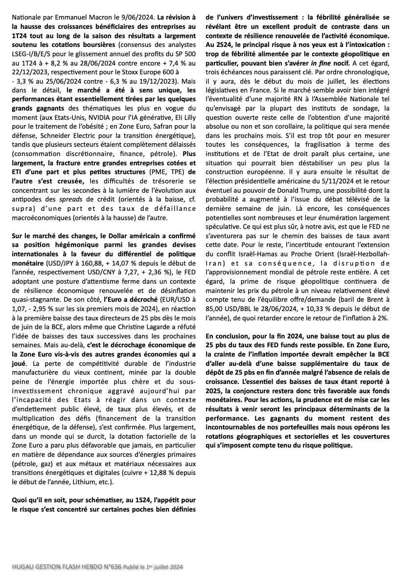 HugauGestion's tweet photo. 📷 Au 1S24, l’appétit pour le risque s’est concentré sur certaines poches de l’univers d’investissement dans un contexte de résilience économique renouvelée ; découvrez notre bilan du premier semestre 2024 : « La fébrilité heureuse » ! #FED #BCE #Taux #Inflation #Récession https://t.co/c7yMcJWcF3