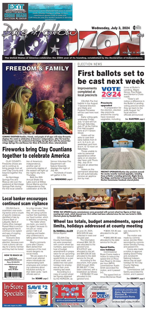 IN THIS WEEK’S NEWSPAPER:
Find details about Clay County coming together for July 4th, read about early voting starting soon, get a wheel tax update, hear from a local banker concerning scammer activity, and discover more coverage of all things Clay County in this week’s edition.