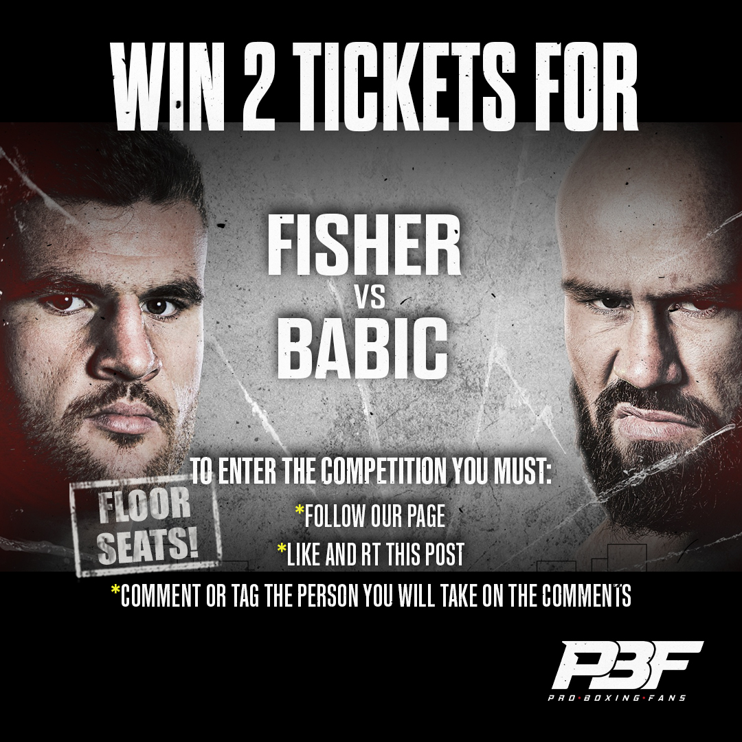 Pro Boxing Fans (@proboxingfans) on Twitter photo β° COMPETITION TIME
ποΈ We have 2β£ π
ππππ πππππ to give away to 1β£ lucky follower to see <a href="/JohnnyFisherBox/">Johnny Fisher</a> π <a href="/AlenBabic11/">Alen the Savage Babic</a> this Saturday at the <a href="/CopperBoxArena/">Copper Box Arena</a> π
β³ Competition ends: Thursday 4th July @ 7pm
#Boxing #FisherBabic #Competition #JohnnyFisher #AlenBabic β° COMPETITION TIME
ποΈ We have 2β£ π
ππππ πππππ to give away to 1β£ lucky follower to see <a href="/JohnnyFisherBox/">Johnny Fisher</a> π <a href="/AlenBabic11/">Alen the Savage Babic</a> this Saturday at the <a href="/CopperBoxArena/">Copper Box Arena</a> π
β³ Competition ends: Thursday 4th July @ 7pm
#Boxing #FisherBabic #Competition #JohnnyFisher #AlenBabic