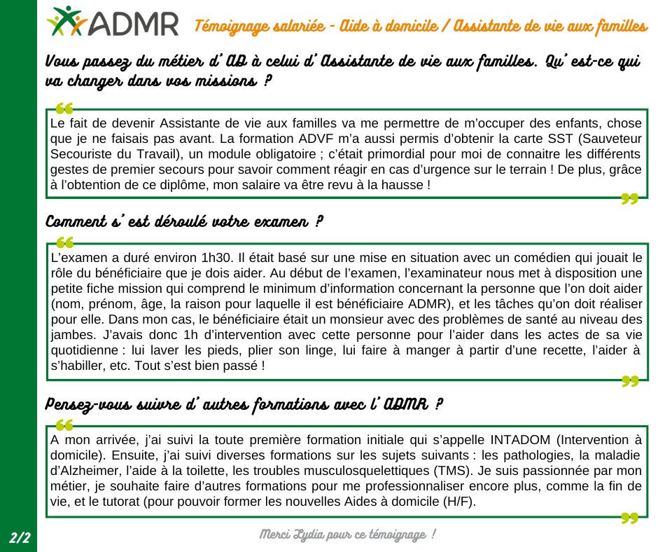 #témoignage
Après avoir travaillé dans la restauration, Lydia est devenue #Aideàdomicile au #SAAD #ADMR de Clairvaux-les-Lacs en 2021. Elle vient d'obtenir sa #VAE #ADVF (Assistant(e) De Vie aux Familles) et a accepté de répondre à quelques questions… ⬇