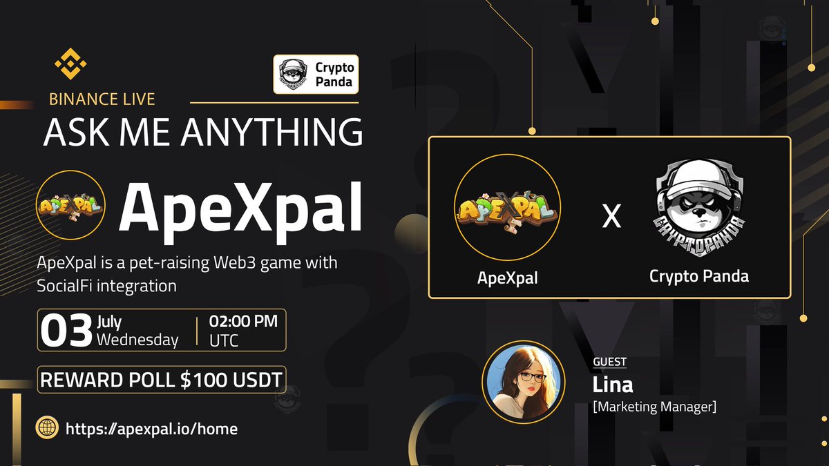 🎙️ Join us for another Binance Live AMA with <a href="/ApeXpalGame/">ApeXpal | BLAST</a>

🕰️  Date:- 3 th July 2024, at 
2 PM UTC 
🎙️Guest: 
>Lina 
 [Marketing Manager]

🏠  Venue:- binance.com/en/live/u/2355…

📌 Set Reminder :- binance.com/en/live/video?…

〽️ Rules:
1️⃣ Follow <a href="/CryptoPanda_gl/">CRYPTO PANDA</a> &amp; <a href="/ApeXpalGame/">ApeXpal | BLAST</a>
2️⃣ Like &amp;