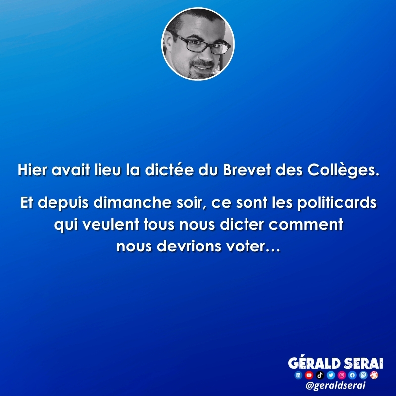 GeraldSerai's tweet photo. #bfn #breakingfakenews #humour #brèves #actualité #électionslégislatives #premiertour #résultats #brevetdescollèges #dictée #consignesdevote
Suivez-moi ! 😜 https://t.co/B76nNu8sdz