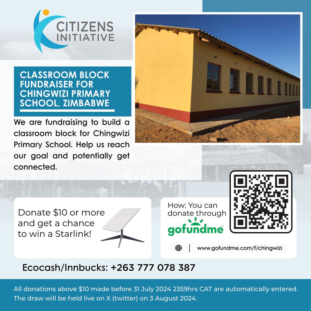 freemanchari's tweet photo. We are fundraising to build Chingwizi Primary School. As an incentive, we are also running a raffle for a Starlink kit worth $500. You will be entered for a $10 or more donation. Let's do something positive together. https://t.co/zzhyeRYe5M https://t.co/GPfqHGQ33f