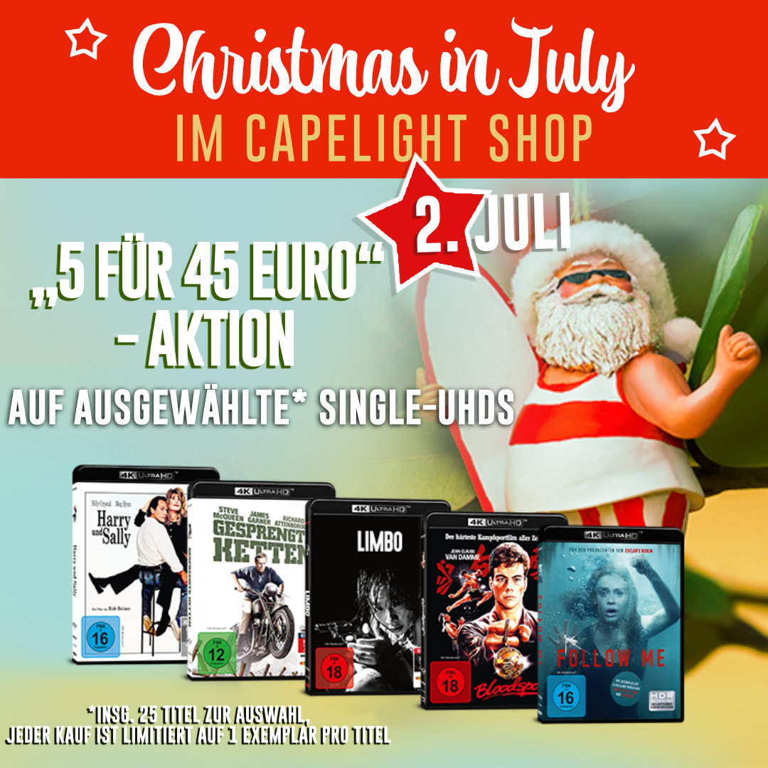 Christmas in July – Tag 2: Sichert euch heute 5 Single-UHDs für 45 Euro. Alle Titel findet ihr im capelight-Shop: shop.capelight.de/ANGEBOTE/