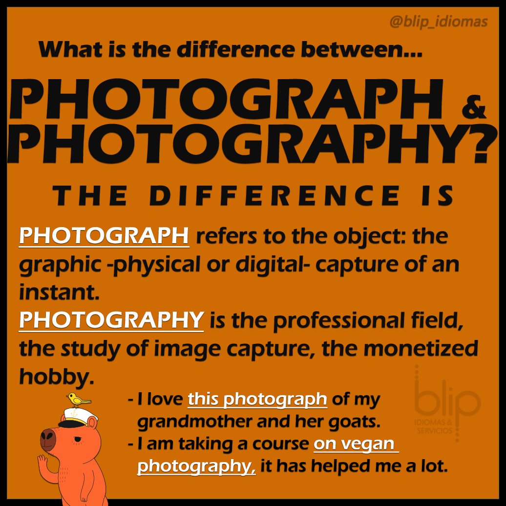 Blip_Idiomas's tweet image. 🧑🏽‍🏫 Good day, lovely bunch! Questions:

✓ Do you still keep prints of old PHOTOGRAPHS?
✓ Have you ever participated in a PHOTOGRAPHY contest?

♥️ 🔄 💬

Answer in the comments, let&apos;s practice some written conversation, and keep in mind #TheDifference we are studying today: