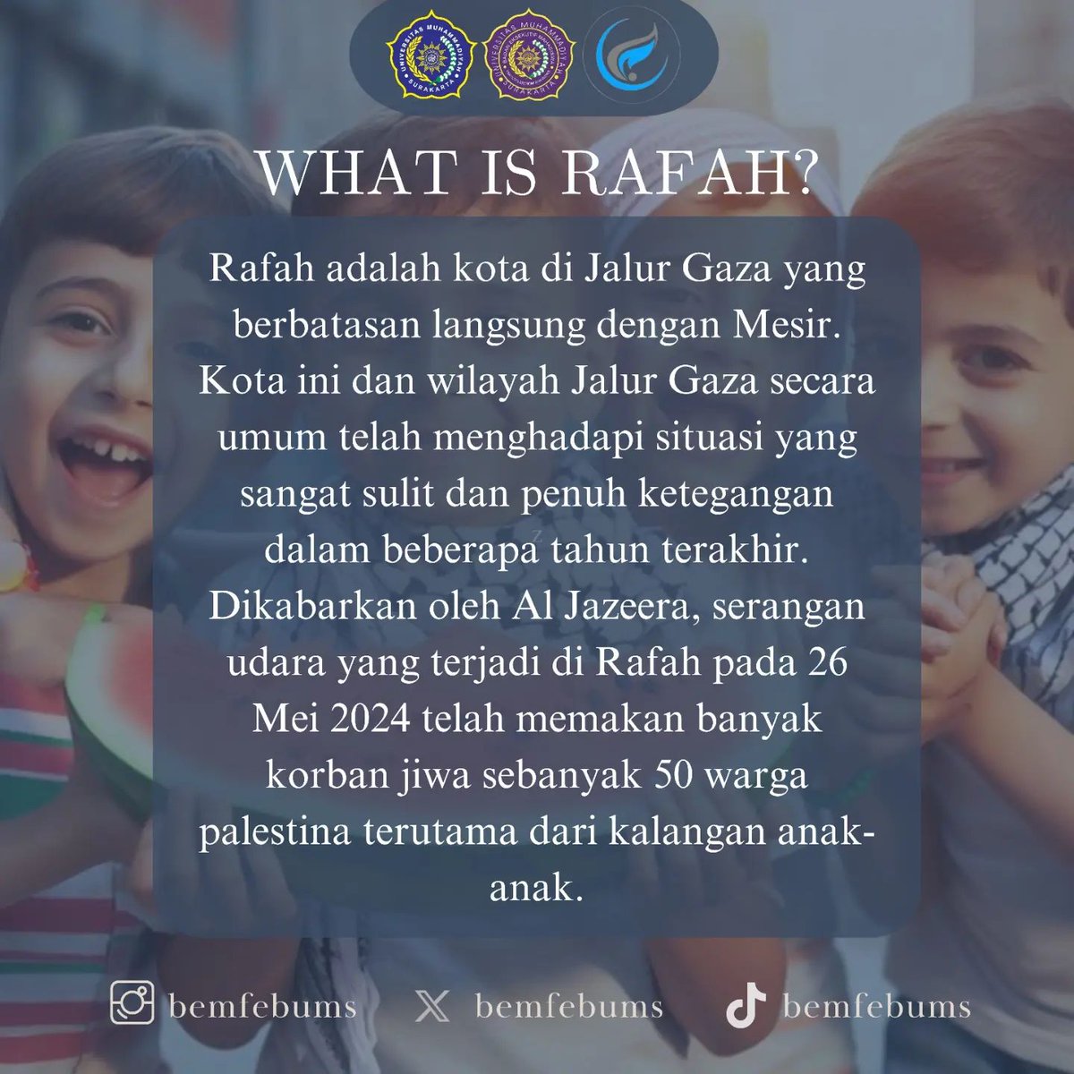 [BREAKING NEWS: ALL EYES ON RAFAH]

Hallo, FEB UMS!

Tahukah kamu alasan ramai beredarnya postingan All Eyes on Rafah di sosial media?

Yuk simak informasi diatas!
======================
Bidang Keilmuan dan Keislaman
BEM FEB UMS 2024
Kabinet Pertaruhan