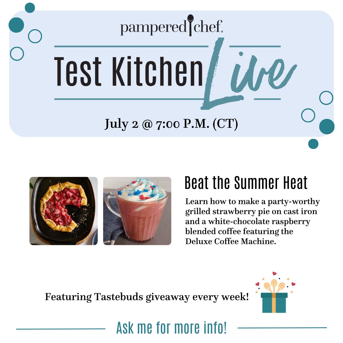 Beat the Summer Heat with Sandy and discover delicious new recipes that will wow your taste buds!
Date: Tuesday, July 2
Time: 7:00pm CT
What's on the menu? 📷 Grilled Strawberry Pie and a Festive Coffee made with our amazing Deluxe Coffee Machine! 📷
Plus, Register &amp; Join to Win