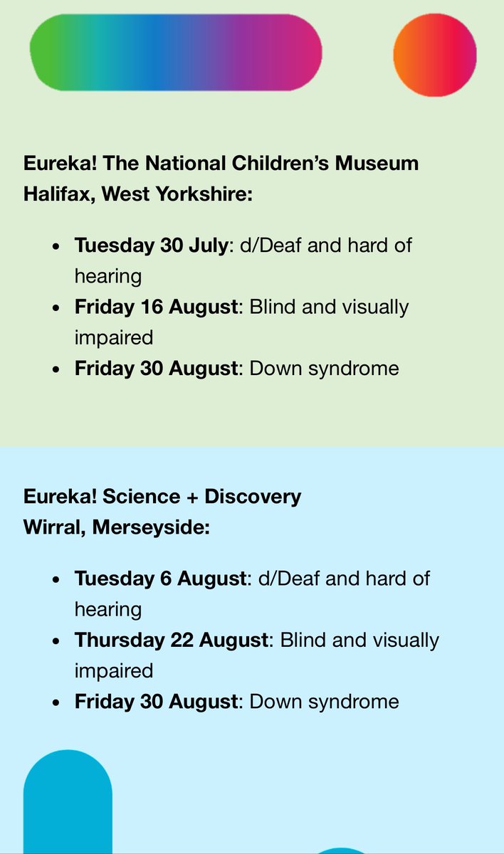 trafford_dcs's tweet photo. Eureka! are running inclusive summer SEND clubs over the school holidays with 2 specific ones for d/Deaf &amp; hearing impaired children &amp; families. 

🔵 30th July at the National Children’s Museum in Halifax
🔵 6th August at the Science &amp; Discovery Centre on the Wirral https://t.co/fsUx9OhOIE
