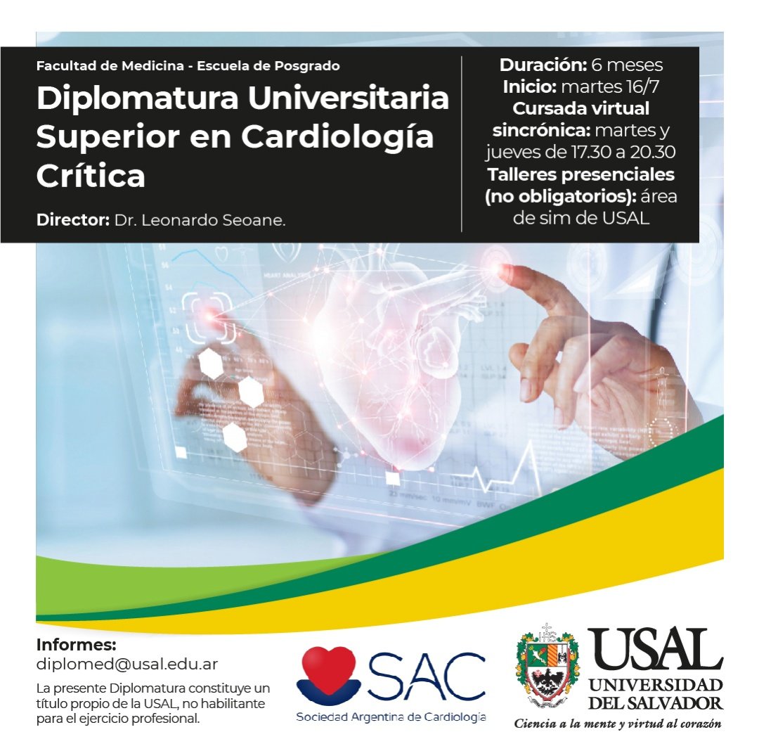 Leonardo Seoane (@leonardo_seoane) on Twitter photo Luego de un gran esfuerzo de varios años del <a href="/SACemergencias/">Consejo Emergencias</a> ,los invitamos a realizar la Diplomatura Universitaria Superior en Cardiología Crítica, desde <a href="/SAC_54/">Sociedad Argentina de Cardiología</a> en conjunto con la <a href="/USalvador/">Univ. del Salvador</a> .Modalidad virtual, sincrónica, con talleres optativos.Esta semana abre la inscripción Luego de un gran esfuerzo de varios años del <a href="/SACemergencias/">Consejo Emergencias</a> ,los invitamos a realizar la Diplomatura Universitaria Superior en Cardiología Crítica, desde <a href="/SAC_54/">Sociedad Argentina de Cardiología</a> en conjunto con la <a href="/USalvador/">Univ. del Salvador</a> .Modalidad virtual, sincrónica, con talleres optativos.Esta semana abre la inscripción