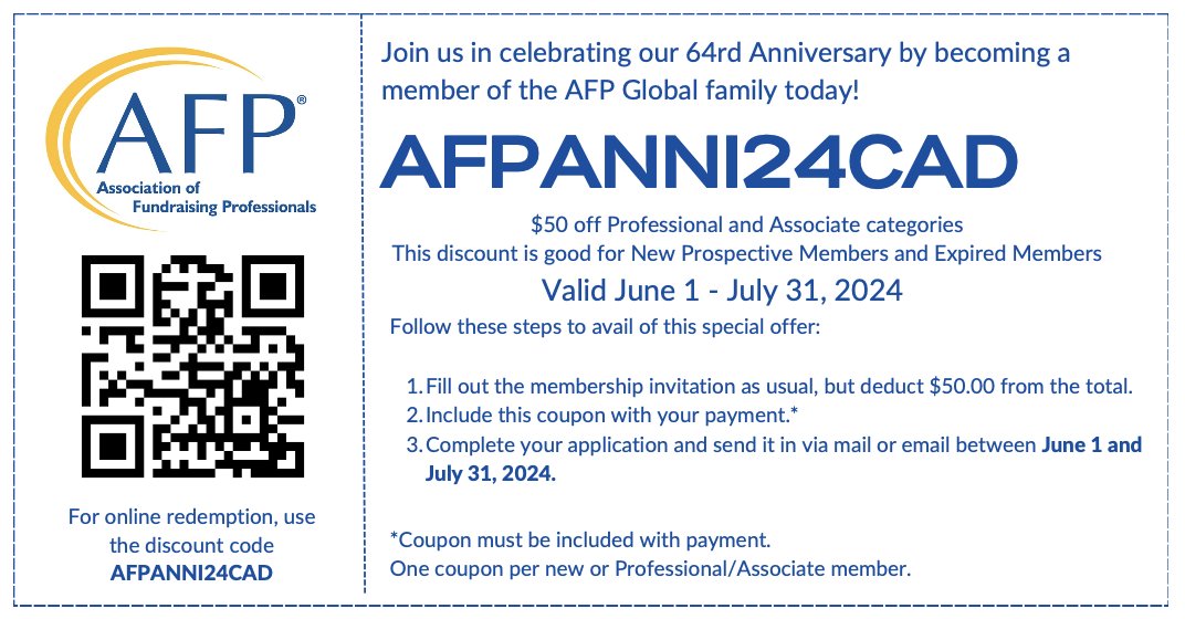 AFP SouthEastOntario (@afp_seo) on Twitter photo Join <a href="/AFPIHQ/">AFP Global Headquarters</a> in celebrating its 64th Anniversary by becoming a member of the AFP Global family today! Enjoy $50 off Professional and Associate categories for New Prospective Members and Expired Members. Valid until July 31, 2024. afpglobal.org/join Join <a href="/AFPIHQ/">AFP Global Headquarters</a> in celebrating its 64th Anniversary by becoming a member of the AFP Global family today! Enjoy $50 off Professional and Associate categories for New Prospective Members and Expired Members. Valid until July 31, 2024. afpglobal.org/join