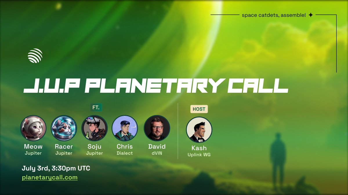 JupiterExchange's tweet photo. Tomorrow, we’ll be doing the first Planetary Call for Juply, at the OG time of 3:30 PM UTC / 11:30 AM EST on Wednesday.

Hear from @defiracer about an amazing new product that will help unlock a new way to trade, new tokens everywhere you go.

@weremeow and @0xSoju will also talk about the Juply plans, and do a detailed deep dive into the Active Staking Rewards coming up this week.

We’ll also hear from @aliquotchris from @saydialect  about the Blinks launch last week, and Jupiter will shed some more light into our plans going forward with Blinks.

Ending off would be a special GUM Feature: @dVINLabs to talk about their plans to tokenize as many bottles of wine and champagne as possible an

Don’t miss it.

https://t.co/fS3dzsXUtz
