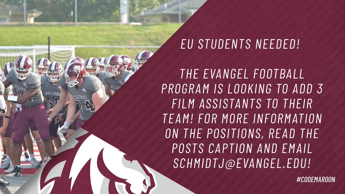 (1/3) EVANGEL STUDENTS WANTED!

The Evangel Football Program is looking to add 3 Film Assistants to their team! This job includes but is not limited to: Filming of practices and games using multiple types of cameras (including drones) from different angles, merging and minor
