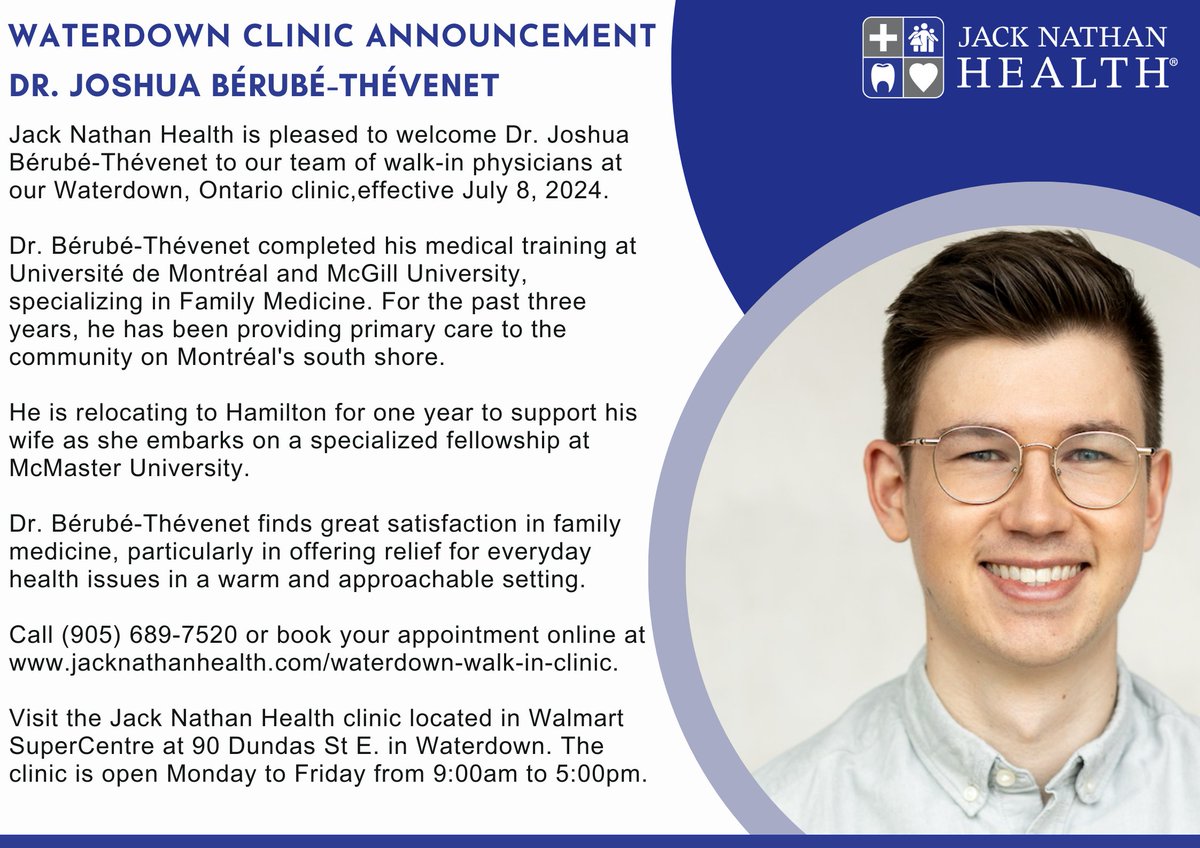 Jack Nathan Health is pleased to announce the arrival of Dr. Joshua Bérubé-Thevenet at our Waterdown, Ontario clinic, starting on Monday, July 8, 2024.  To book a walk-in appointment, call (905) 689-7520 or schedule online at jacknathanhealth.com/waterdown-walk… @waterdownvillag