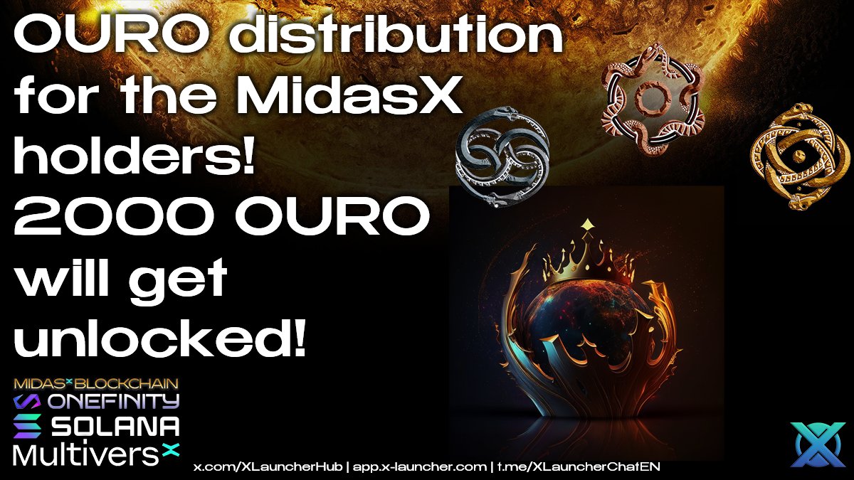 $OURO distribution for MidasX

8 days from now, 2000 OURO will get unlocked for the MidasX Holders! We will swap it into XLH and send it to all! We are now producing 9 OURO / day &amp; we will send it monthly!

<a href="/PulsarTransfer/">PulsarTransfer</a> send 100000 MEX to 100 reactions
#MultiversX #Solana #XLH