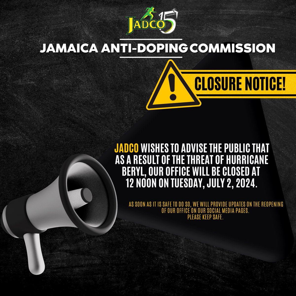 Please take note of the following closure notice for our office due to the threat of Hurricane Beryl. 

We encourage you to stay safe and continue to monitor office news updates and advisories. 

#JADCO
 #HurricaneBeryl 
#ClosureNotice