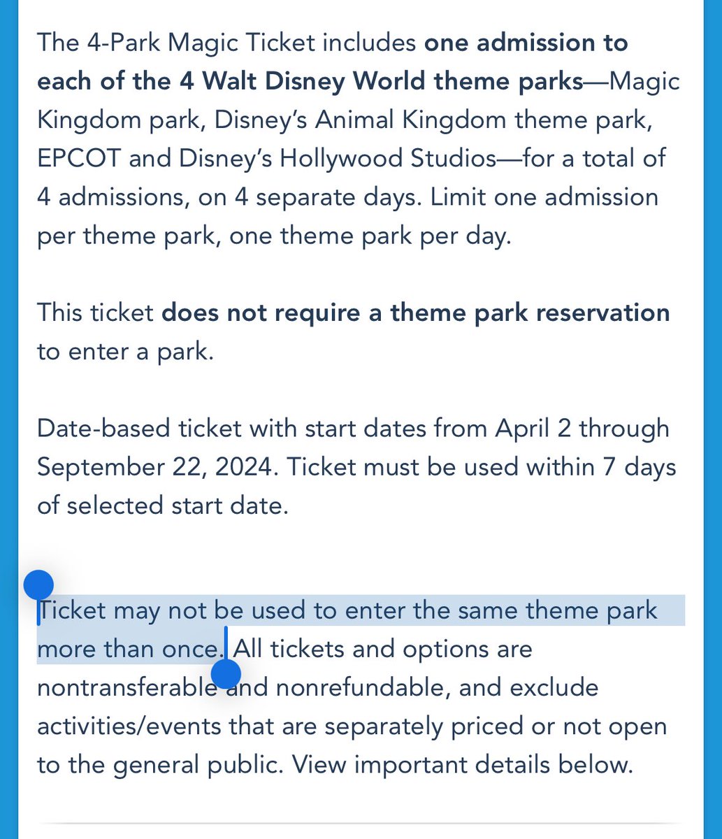 ropedropchris's tweet photo. fun fact: the “4 Day 4 Parks” deal Disney World is doing right now has the same rules https://t.co/1qwXzBsclI