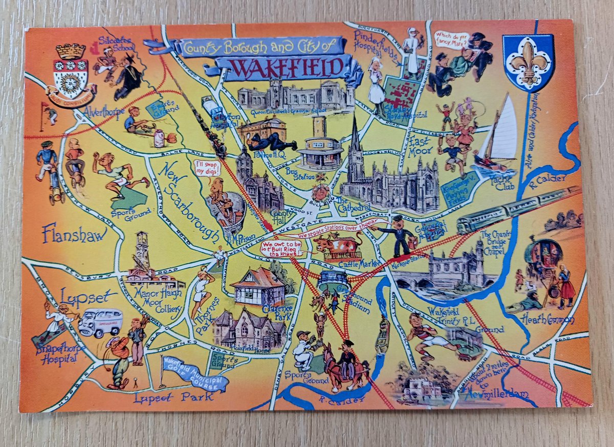 MHMwakefield's tweet photo. #MHM50 week 27: Wakefield postcard by Lilywhite Ltd c1960s. This illustrated postcard of the Borough & City of Wakefield shows various local landmarks including #StanleyRoyd, #Pinderfields, #Snapethorpe, #Clayton & #General Hospitals. Which other buildings do you recognise? https://t.co/yt8JrF8M80