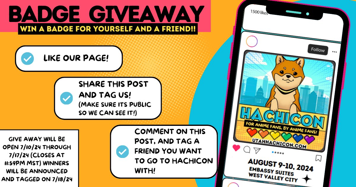 hachi_con's tweet photo. To celebrate being only 1 month away from the first ever HachiCon, we're giving away 2 weekend passes to one lucky winner on EACH of our platforms!

1. Follow our account
2. Share this post and tag us
3. Tag a friend that you want to go to HachiCon with
.
#HachiConUtah #HachiCon https://t.co/6v07ukQTAN