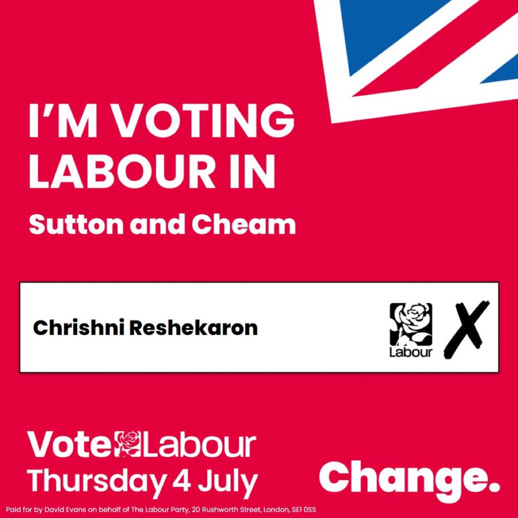 ActivistsSutton's tweet image. Absolutely voting Labour @Chrishni_Reshe good luck