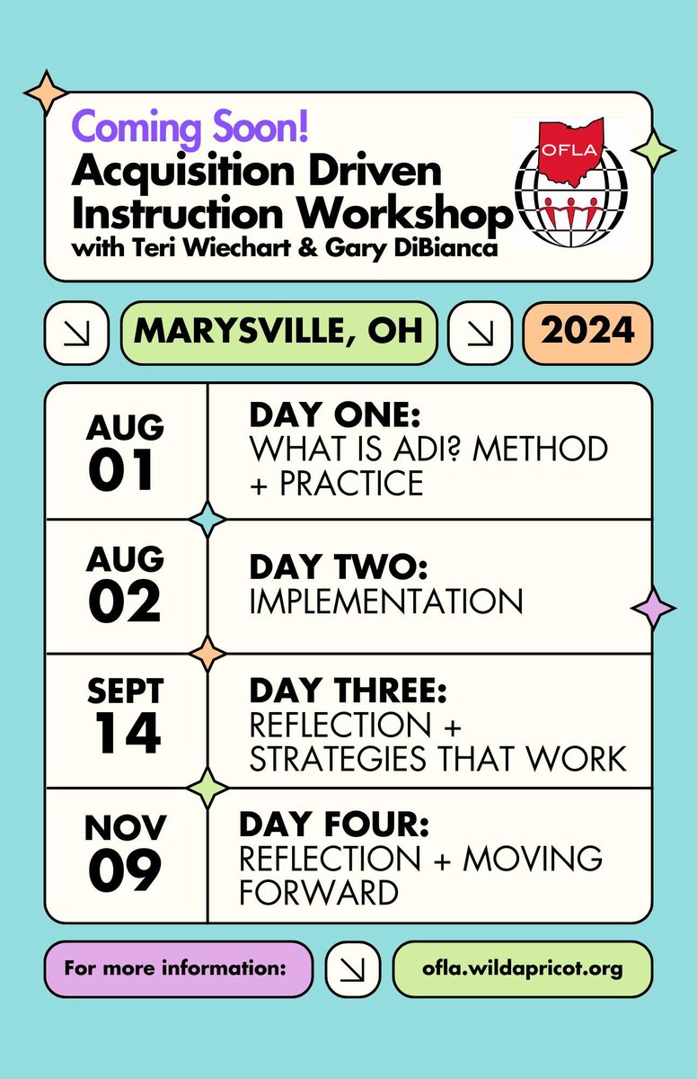 Ohio World Language Association (OWLA) (@ofla1) on Twitter photo OFLA is excited to host a four part workshop series this summer on Acquisition Driven Instruction! Are you new to CI? Want to know more about Acquisition Driven Instruction? Are you looking to freshen up your Ci skills? This is the perfect workshop for you! See the info below. OFLA is excited to host a four part workshop series this summer on Acquisition Driven Instruction! Are you new to CI? Want to know more about Acquisition Driven Instruction? Are you looking to freshen up your Ci skills? This is the perfect workshop for you! See the info below.