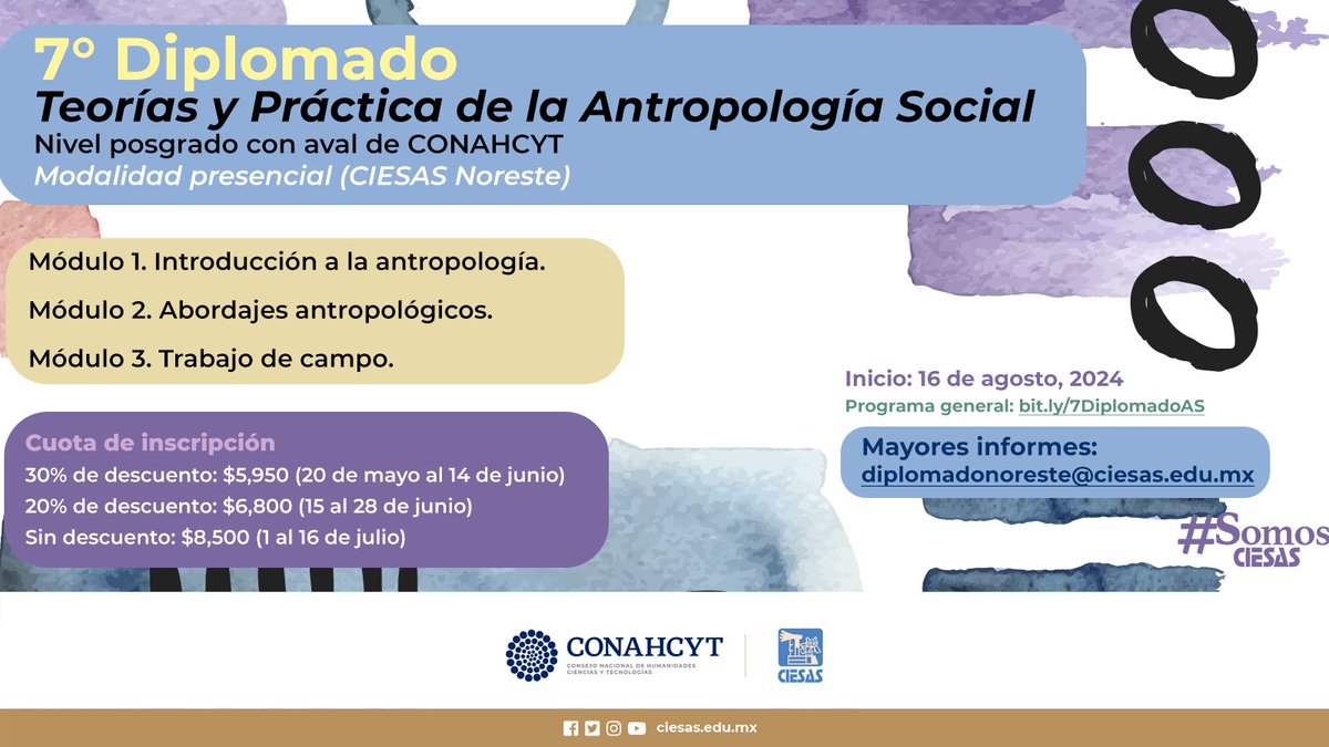 16 sesiones ➕ 11 profesores ➕ #CIESASNoreste 🟰 Diplomado «Teorías y Prácticas de la Antropología Social».
Inscríbete hasta el 16 de julio. 
Conoce más en 🖱️ bit.ly/4cyEoDx