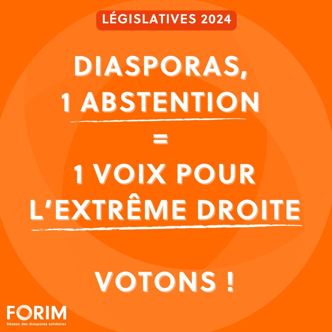 #Législatives2024 🗳️

Mobilisons-nous contre l'extrême-droite au 2ème tour. Chaque voix compte et aucune ne doit aller à l'extrême-droite. Ne restons pas spectateurs face à cette menace.
Diasporas, défendons solidarité et diversité. Faisons entendre nos voix le 7 juillet ! ✊🌍