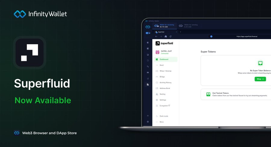 Definews_Info's tweet image. 🧿 @InfinityWallet now support @Superfluid_HQon its platform

🧿#Superfluid is a revolutionary asset streaming protocol that brings subscriptions, salaries, vesting, and rewards to #DAOs and crypto-native businesses worldwide

🔽 VISIT
superfluid.finance
#Definews