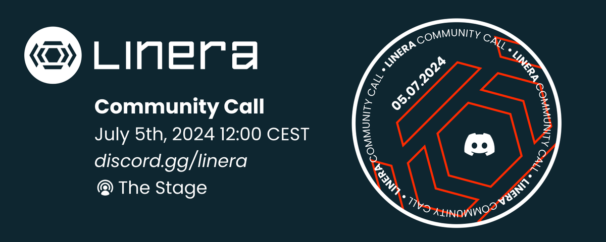 ☎️ Join us this Friday for a Community Call with <a href="/dannygreene/">Danny Greene</a>! We’ll catch up on protocol updates, memes, and mascots—plus share a #POAP with everyone who tunes in.

Set a reminder and download a calendar file on our Discord server’s event:
📆 discord.gg/linera?event=1…