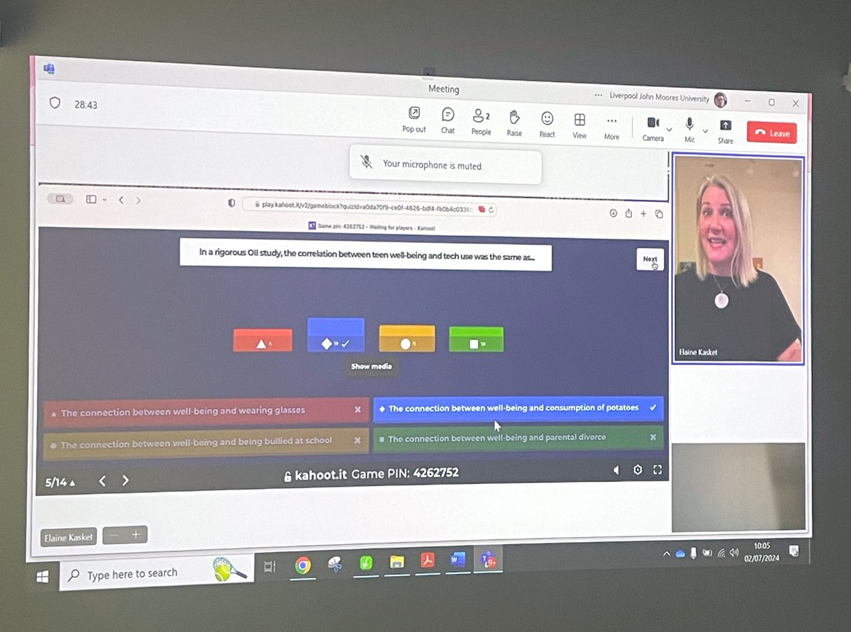 Kicking off day 2 of <a href="/BPSCyberPsych/">BPS Cyberpsychology</a> with a keynote from @elainekasket featuring a great quiz! This answer got a laugh from the audience but just goes to show that considering how much individuals are using tech, rather than how they are engaging, doesn’t tell us much! #cyber24