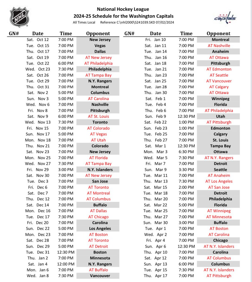 Capitals 2024-25 schedule, per the @nhl.