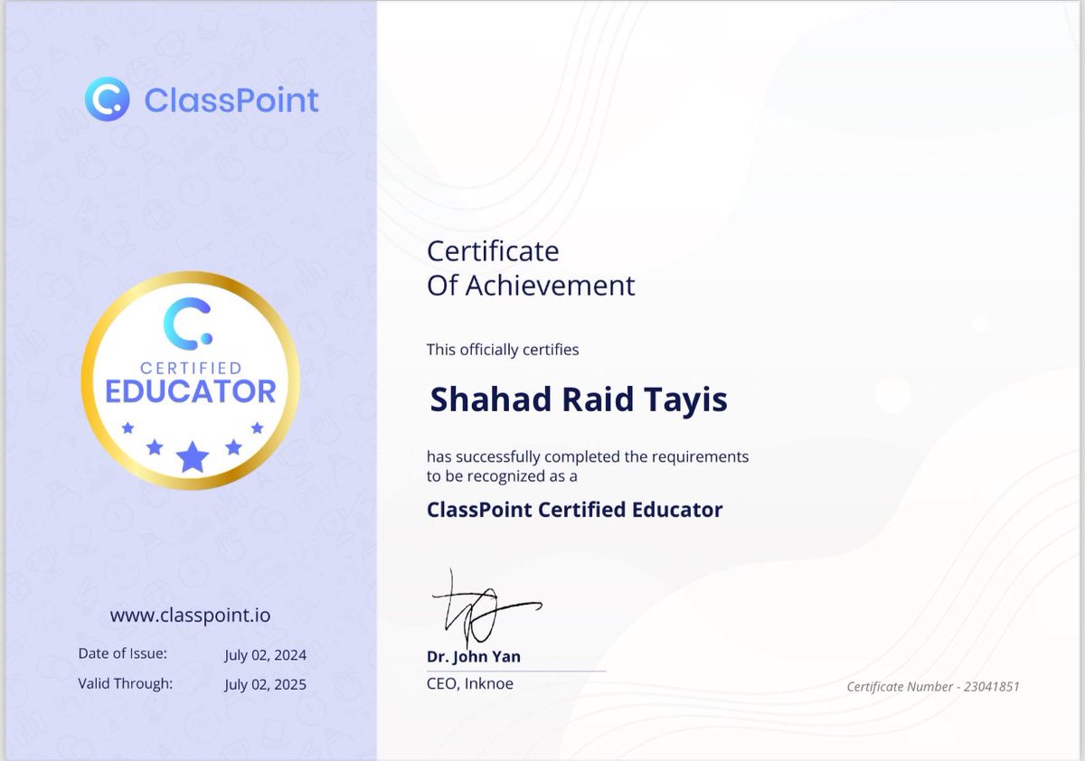 shahad_raid0's tweet photo. new title: ClassPoint Certified Educator!
@ClassPointMENA @ClassPointIo #ClassPointCertifiedEducator #MIE https://t.co/qtBqPR09xJ