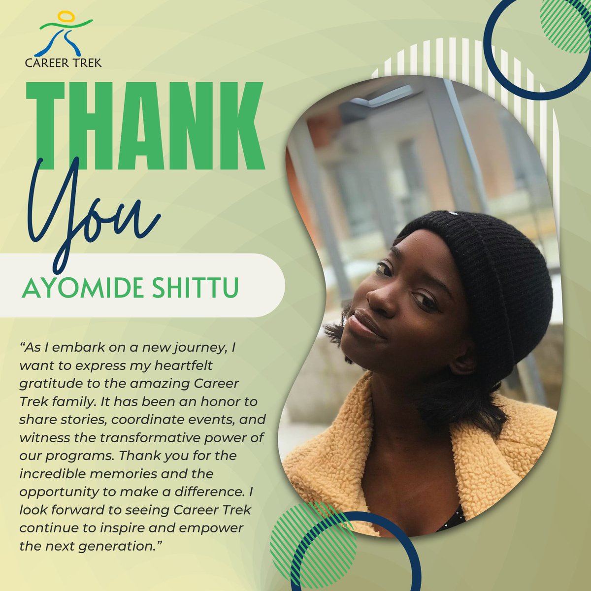 Join us in congratulating Ayomide as she moves to Calgary! For nearly 2 years, Ayomide has excelled as Career Trek's Coordinator of Communications &amp; Events, boosting our outreach and engagement. We are grateful for her creativity and professionalism. Best wishes, Ayomide!
