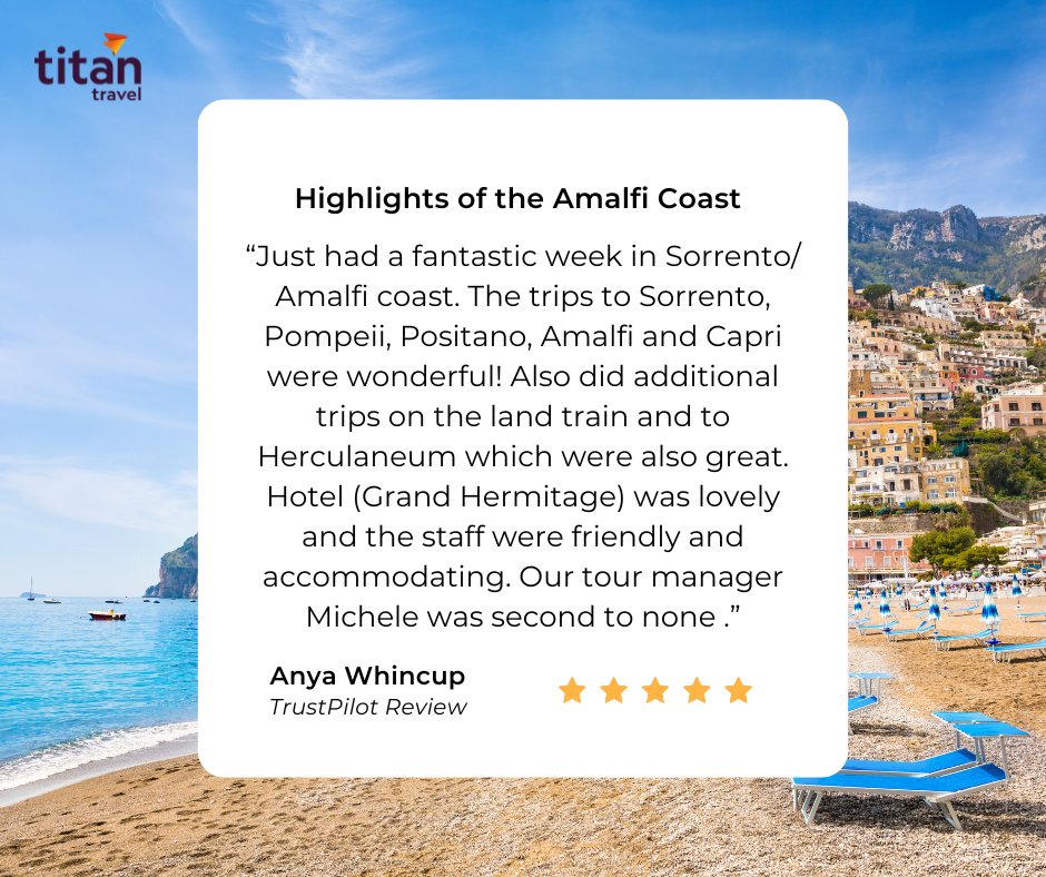 Thank you to Anya for sharing this lovely review of our Highlights of the Amalfi Coast tour 🍋🍝

We're so pleased to hear you enjoyed living 'la dolce vita' 😊 and thanks for shouting out our brilliant tour manager Michele 🥳

#titantravel #titantours
