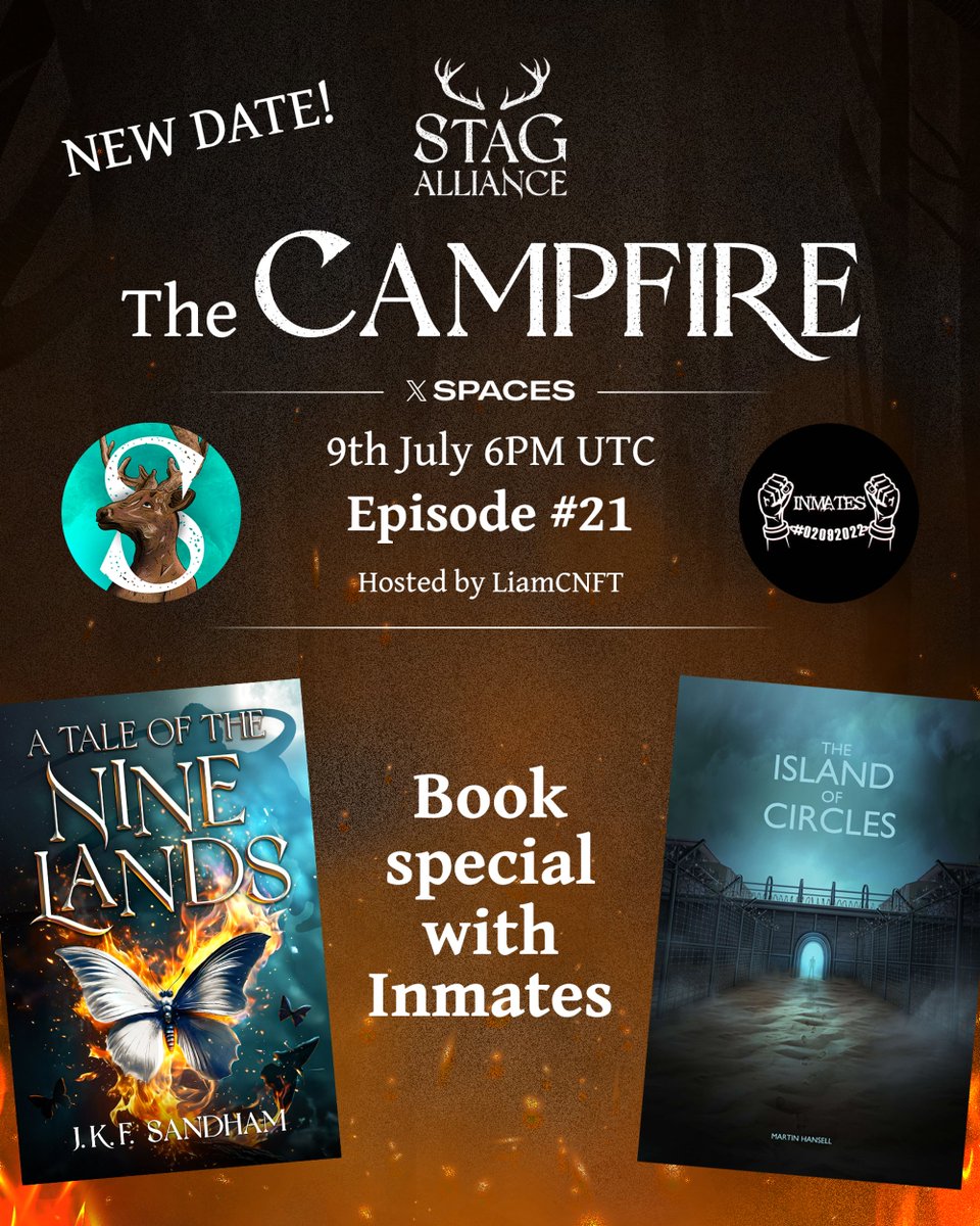 StagAlliance's tweet image. 🔥 Campfire Ep #21 🔥
🗓️ Today 
⏰ 6pm UTC 

🎙️Host @LiamCNFT  will be joined by @jkfsandham , to talk to @InmatesOTWT  about their debut book 'The Island of Circles.' 🔪

@AshleyCNFT  may or may not be there to drop some 🦌 Alpha. 

Join us to find out!

x.com/i/spaces/1RDGl…