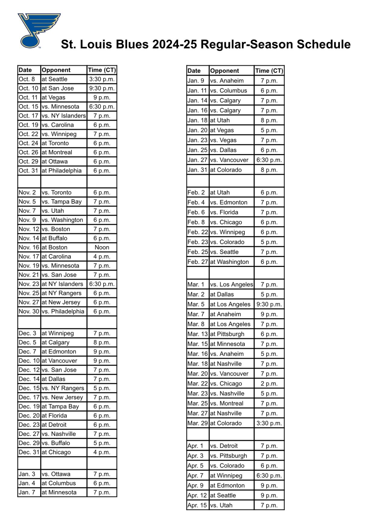 Stl Blues Tv Printable Schedule