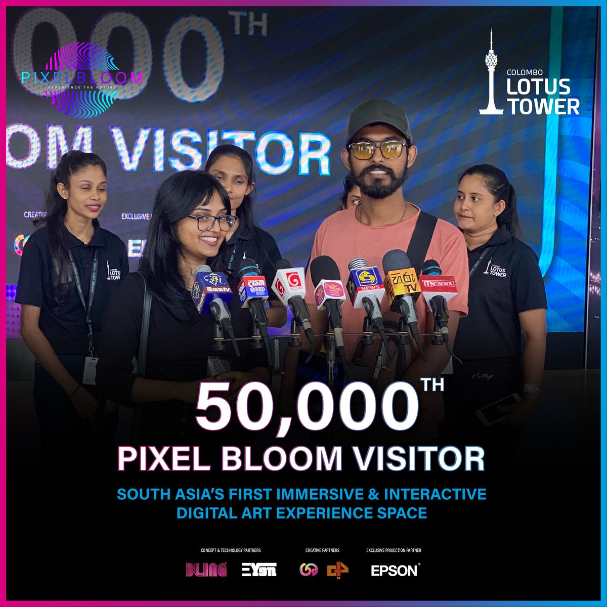 LotusTower_cmb's tweet photo. We just welcomed our 50,000th visitor at Pixel Bloom in Colombo Lotus Tower!
Thank you to everyone who has been a part of this vibrant journey.
Come join the celebration and create magical moments with us!
#PixelBloom #ColomboLotusTower #MilestoneCelebration https://t.co/FEKbVSdrfa
