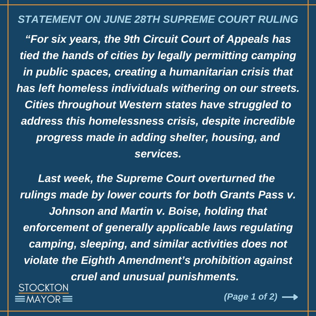 kevinjlincoln's tweet photo. 🚨Next Tuesday, July 9th🚨 an informational update on the topic of camping in public spaces and the recent Grants Pass v. Johnson Supreme Court ruling will be provided during the Stockton City Council Meeting. 

We encourage the public to participate in this meeting. https://t.co/vrZUAPb27x