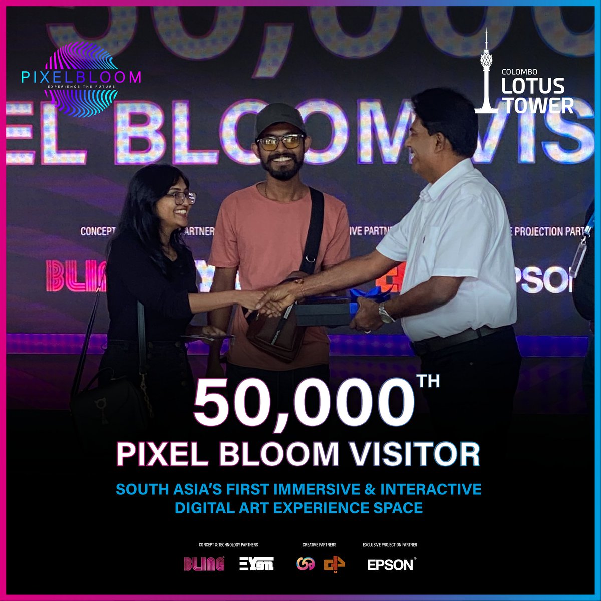 LotusTower_cmb's tweet photo. We just welcomed our 50,000th visitor at Pixel Bloom in Colombo Lotus Tower!
Thank you to everyone who has been a part of this vibrant journey.
Come join the celebration and create magical moments with us!
#PixelBloom #ColomboLotusTower #MilestoneCelebration https://t.co/FEKbVSdrfa