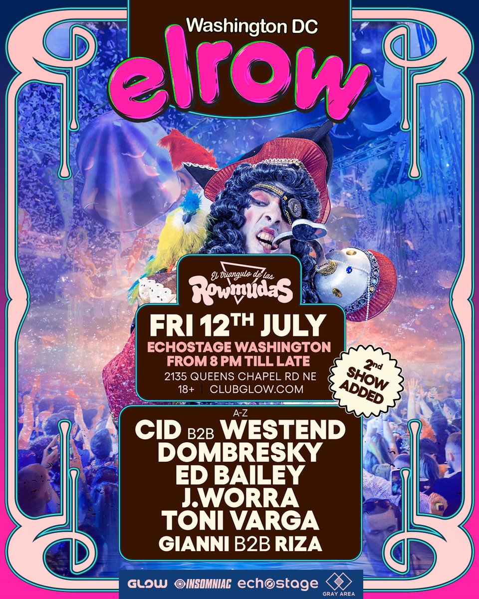 They’re 𝑯𝑬𝑹𝑬! 🤩Dive into your <a href="/elrow_/">elrow</a> DC lineups at <a href="/echostage/">Echostage</a>! 🤿🎶⤵️

Your 𝗙𝗥𝗜𝗗𝗔𝗬, 7/12 lineup from A-Z: <a href="/CIDmusic/">CID</a> b2b <a href="/itsthewestend/">WESTEND</a>, <a href="/Dombresky/">Dombresky</a>, <a href="/EdBaileyDC/">Ed Bailey</a>, <a href="/JWorra/">J. Worra</a>, <a href="/TONI_VARGA/">TONI VARGA</a> and <a href="/giannisounds/">GIANNI</a> B2B Riza. 🎉🐙

(1/2)