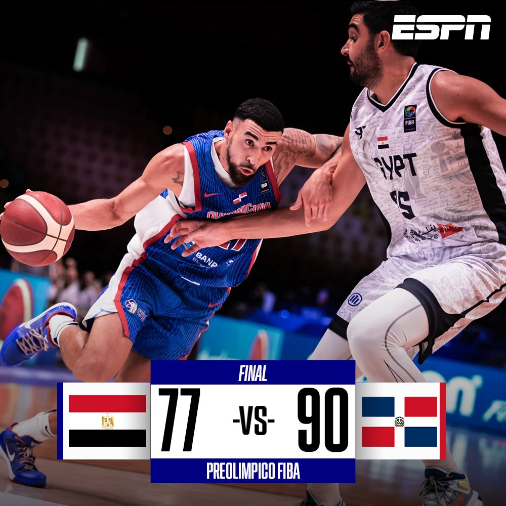 ESPN_DO's tweet photo. 🔥 ¡Cayó el primero!
 
República Dominicana🇩🇴 vence 90 por 77 a la selección de Egipto 🇪🇬 en el primer partido del pre olímpico para el conjunto quisqueyano. https://t.co/m3GKIaw0nO