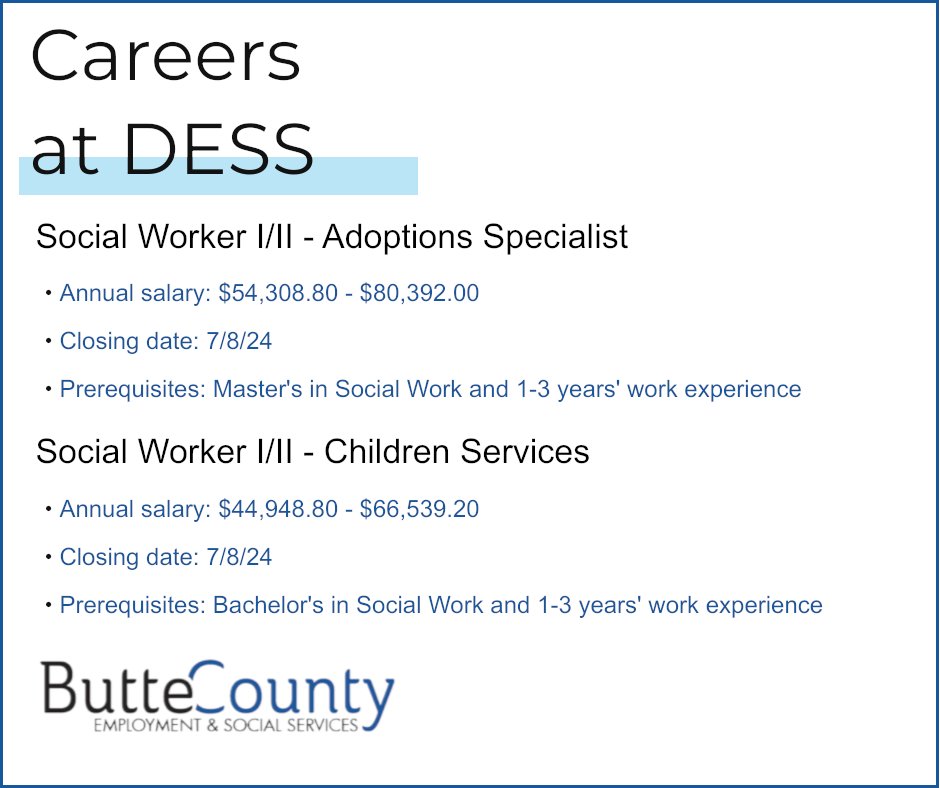 buttecountyDESS's tweet photo. The Butte County Department of Employment and Social Services has two new active job recruitments.
Apply for Adoptions Specialist here>>https://t.co/A6pfxFQo3p
Apply for CSD Social Worker here>>https://t.co/1s788IV7fJ https://t.co/34AqfcDhDX