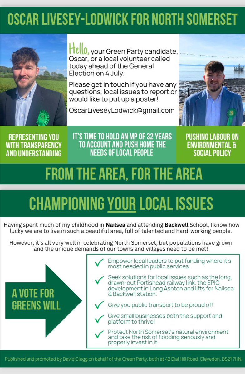 A positive alternative to the same old copy and paste national policies. Oscar is offering an authentic and local approach to politics!

Lazy Labour are calling for change with very little of difference on offer, ask yourself what has Labour done for North Somerset.
 
#VoteGreen